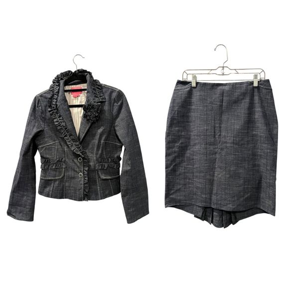 Phoebe Vintage Y2K Blazer Skirt Set Denim Jean Size 10 Ruffles Work Business - Picture 1 of 15